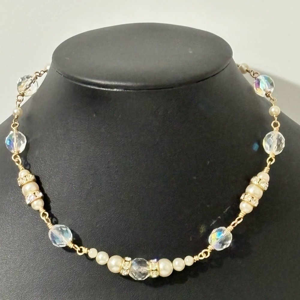 Vintage AB glass , rhinestone and pearl choker style necklace